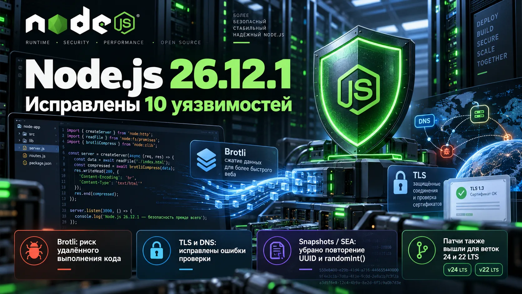 Node.js 26.12.1 устраняет опасную ошибку Brotli