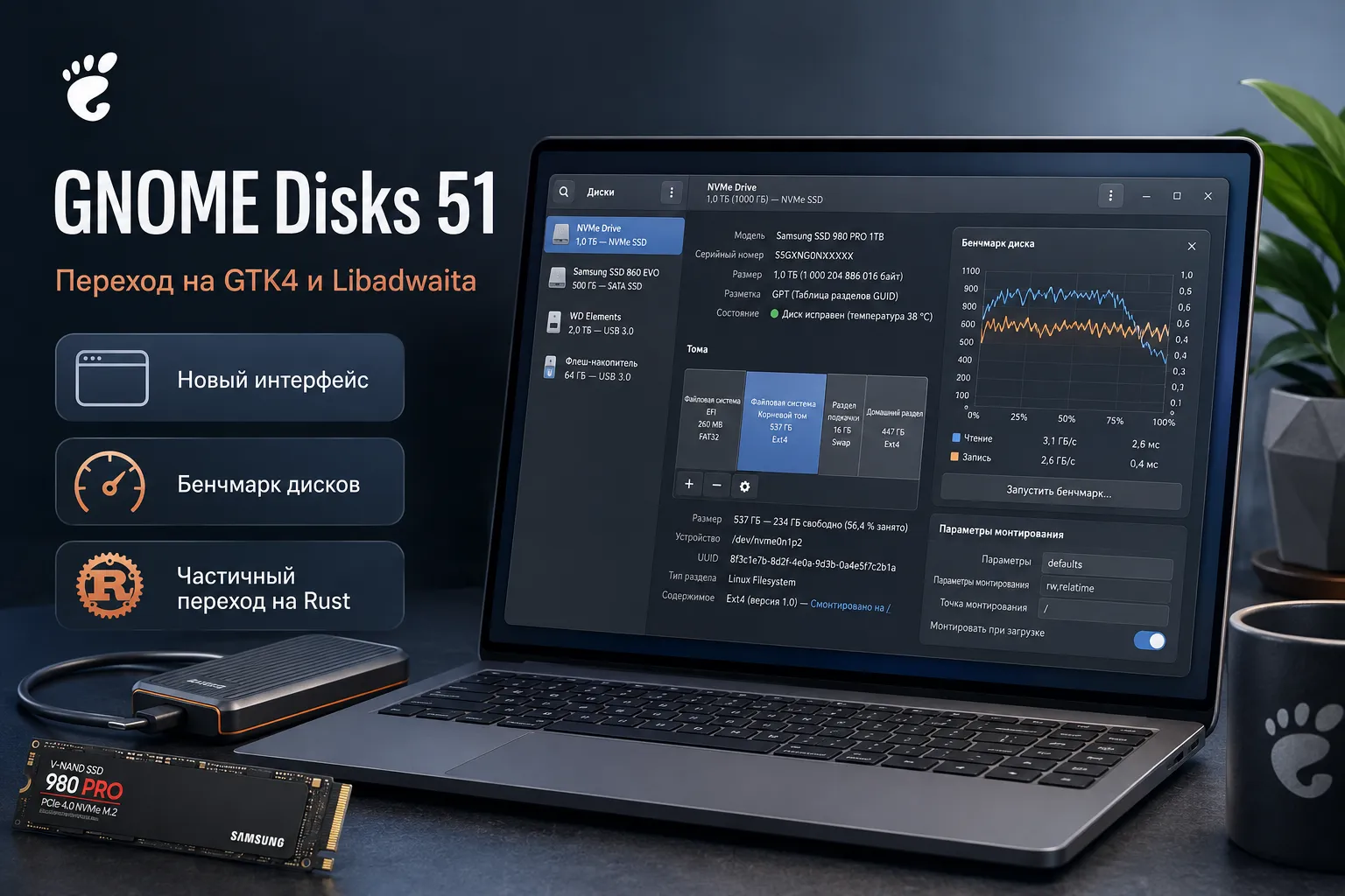 GNOME Disks 51 перешёл на GTK4 и Libadwaita