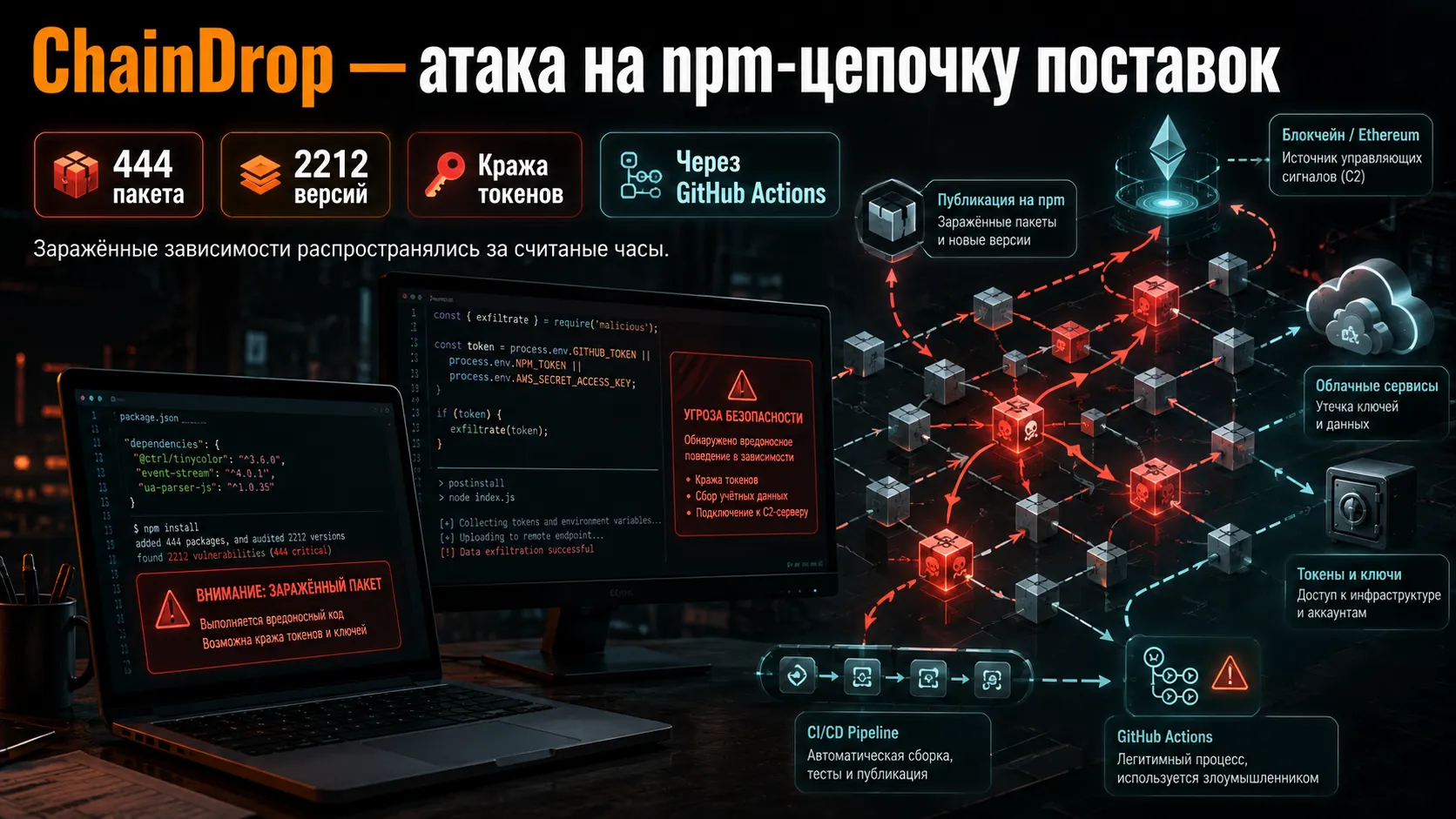 ChainDrop за четыре часа заразил 444 npm-пакета