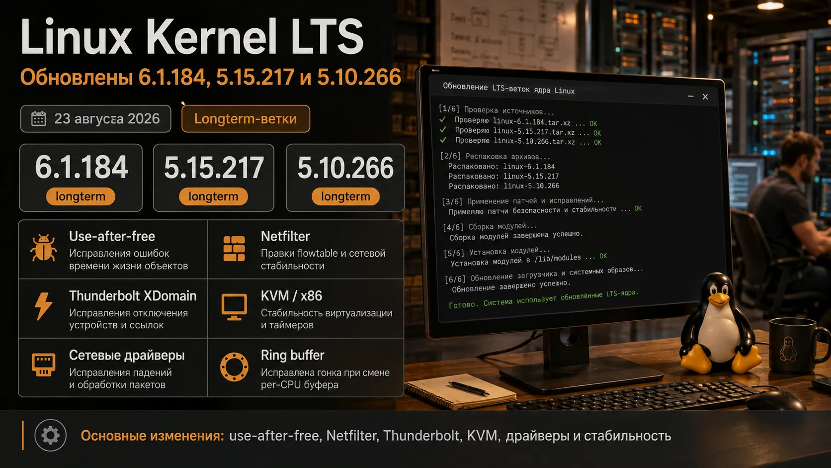 Linux 6.1.184, 5.15.217 и 5.10.266 вышли одновременно
