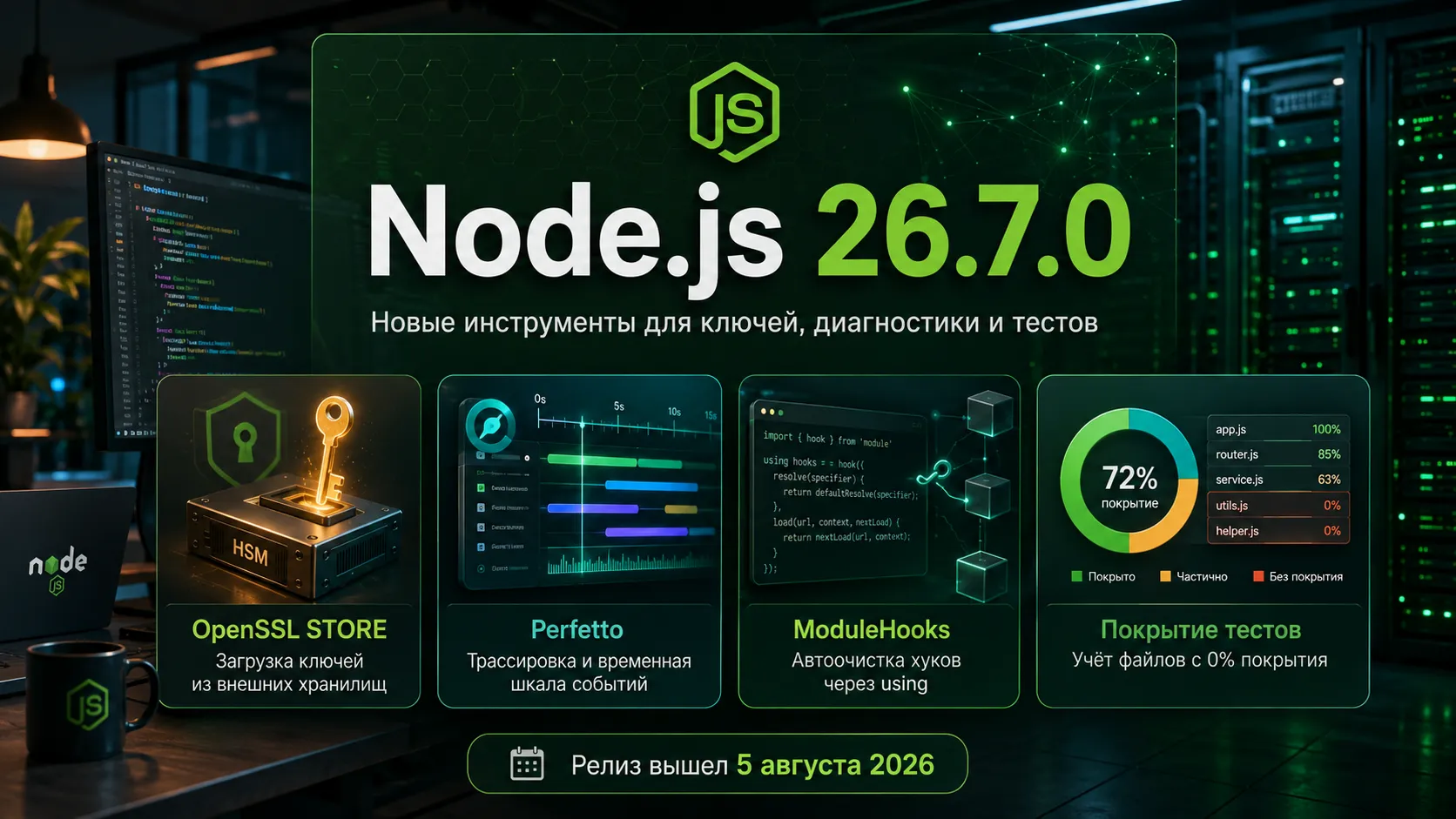 Node.js 26.7.0 расширил работу с ключами и диагностикой