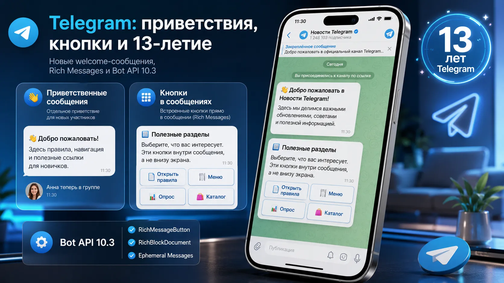 Telegram получил приветственные сообщения и кнопки внутри текста
