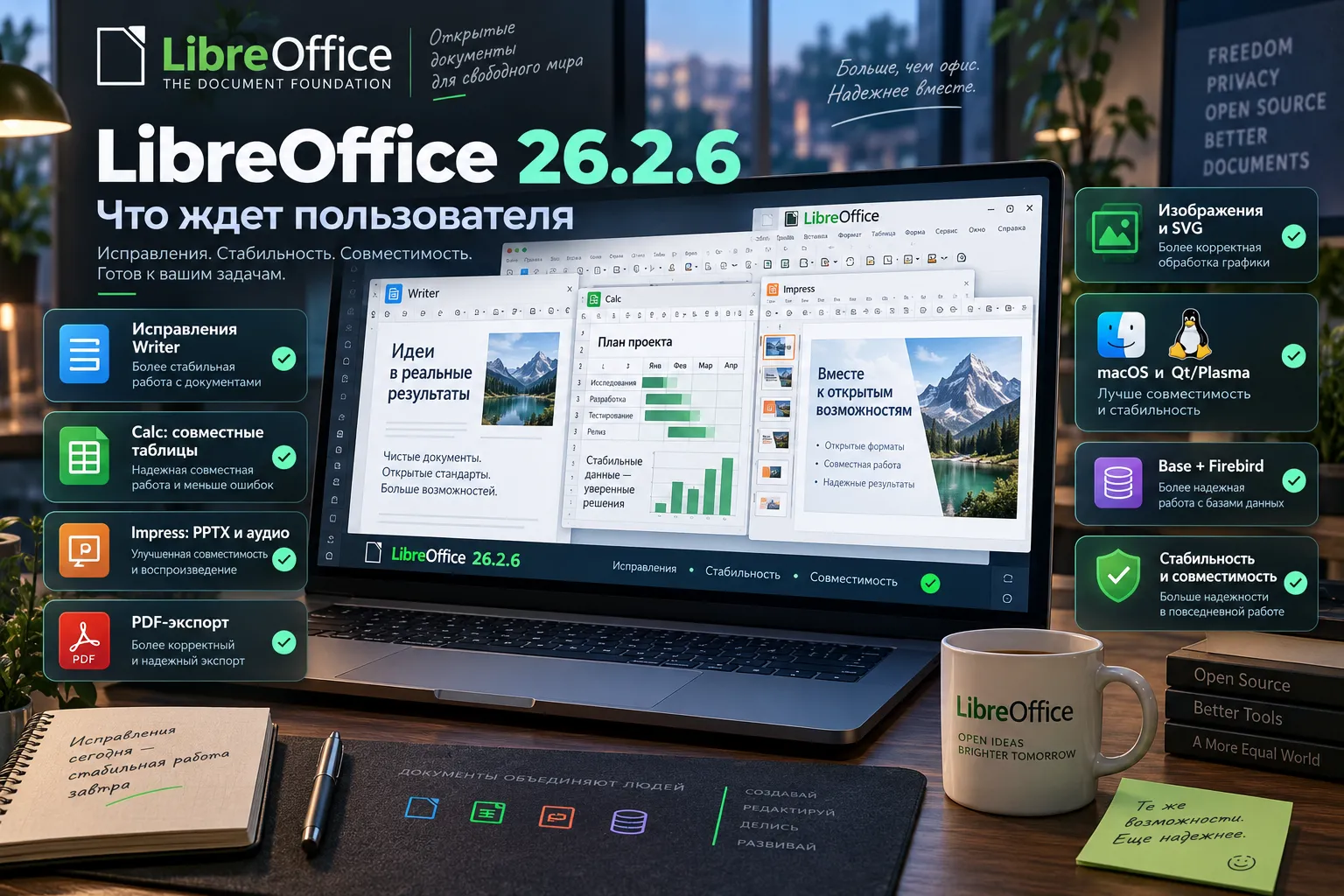 LibreOffice - исправления Writer, Calc, Impress, PDF и стабильности