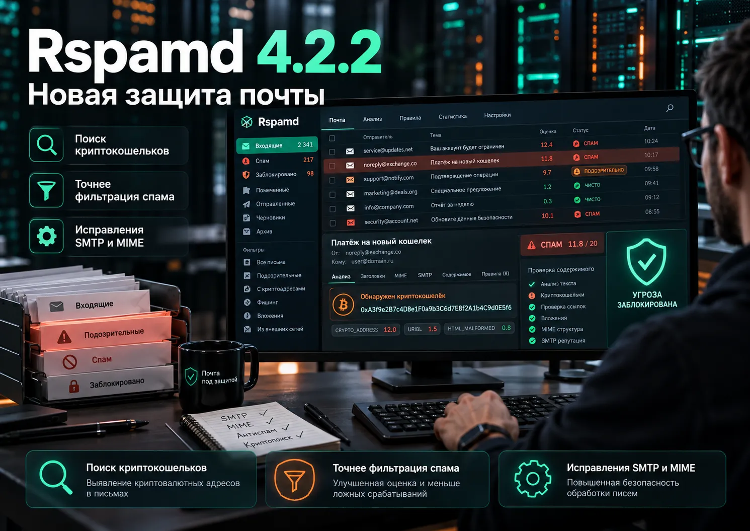 Rspamd научился распознавать криптокошельки в письмах
