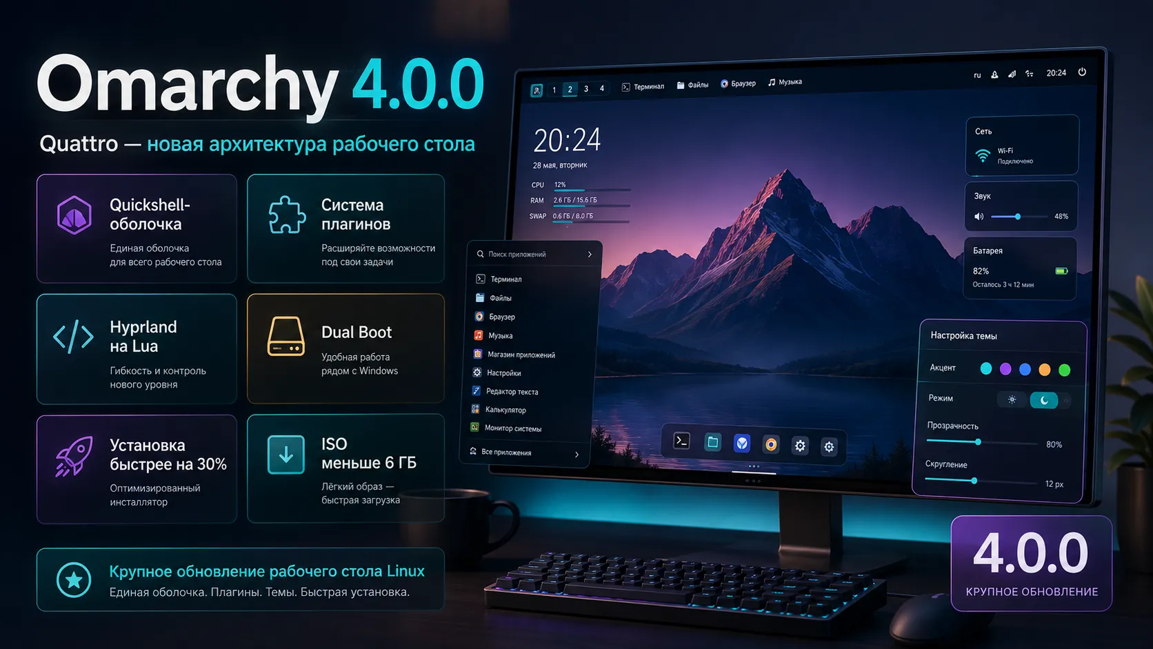 Omarchy 4.0.0 — Quickshell-оболочка, плагины и новая архитектура рабочего стола