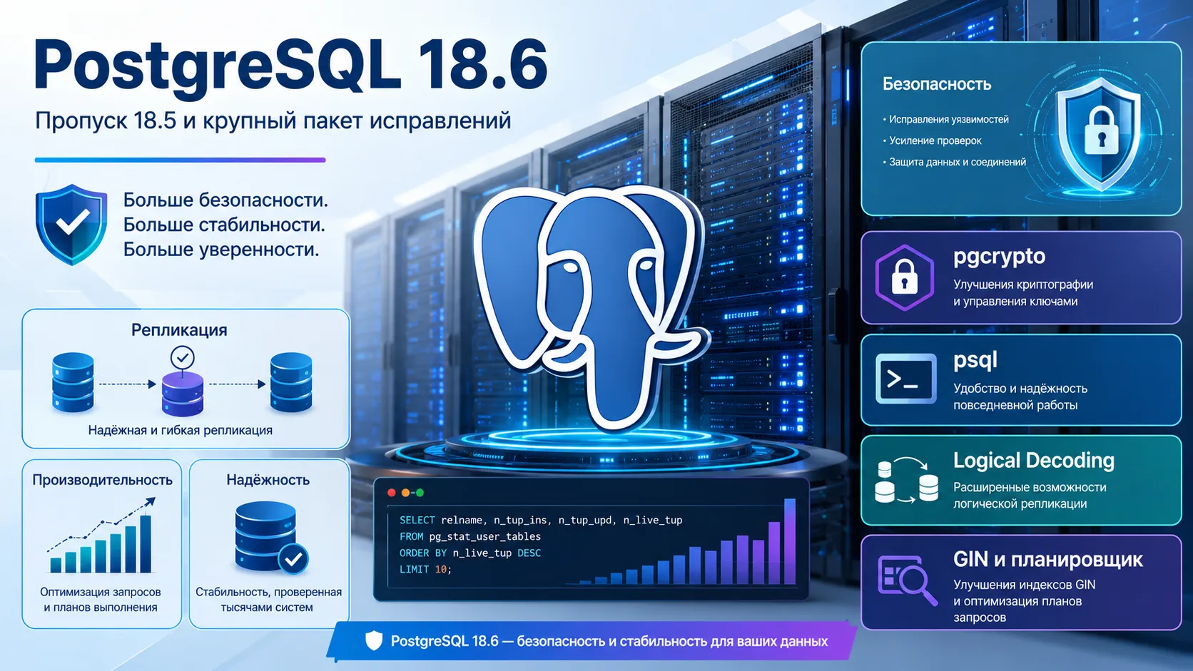PostgreSQL 18.6 выходит после отмены версии 18.5
