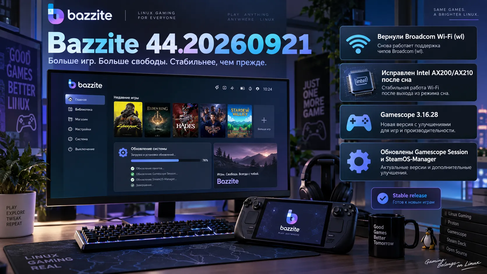 Bazzite 44.20260921 — вернули Broadcom Wi‑Fi и откатили Gamescope