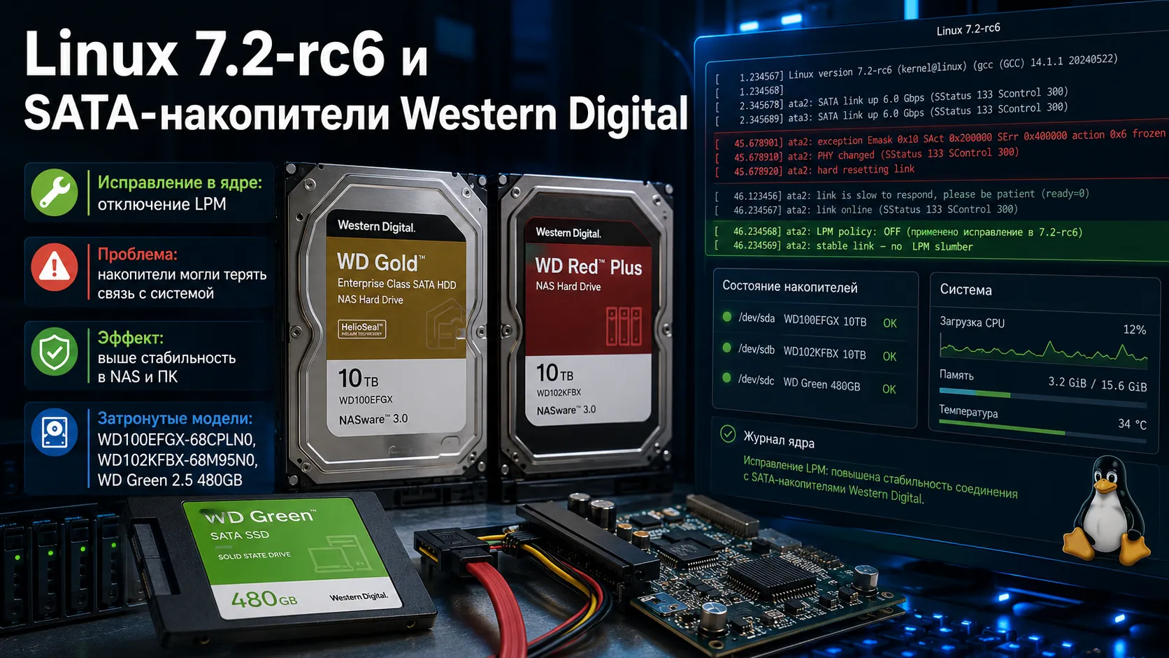 Linux 7.2-rc6 отключит LPM для проблемных SATA-дисков