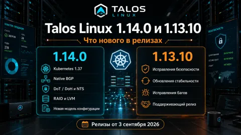 Talos Linux 1.14.0 и 1.13.10 — Kubernetes 1.37, native BGP, защищённый DNS и обновление стабильной ветки