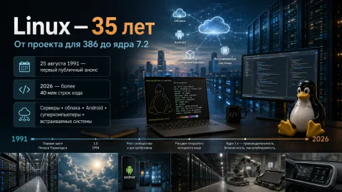 Linux исполнилось 35 лет — ядро выросло от проекта для 386 до версии 7.2