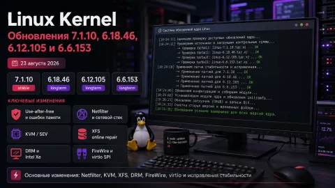Linux 7.1.10, 6.18.46, 6.12.105 и 6.6.153 — исправлены ошибки памяти, сети, KVM и XFS