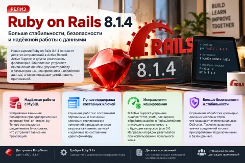 Ruby on Rails 8.1.4 — исправлены взаимные блокировки MySQL, ошибки кеширования и обработки данных