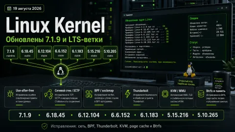 Linux получил сразу семь обновлений: 7.1.9 и шесть LTS-ядер