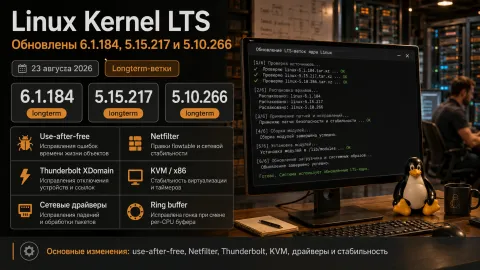 Linux 6.1.184, 5.15.217 и 5.10.266 вышли одновременно: исправлены use-after-free, сеть, Thunderbolt и KVM