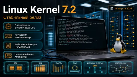 Linux 7.2 вышел стабильным — планировщик научился учитывать кэш CPU, а ядро получило крупные изменения памяти и I/O