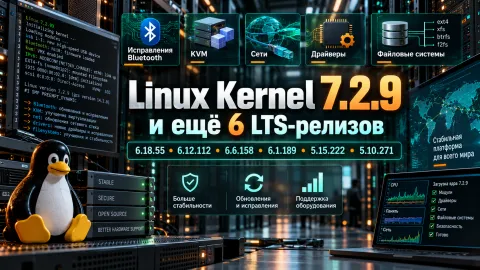 Linux 7.2.9 и шесть LTS-ядер вышли одним пакетом — исправлены Bluetooth, KVM, сети и драйверы