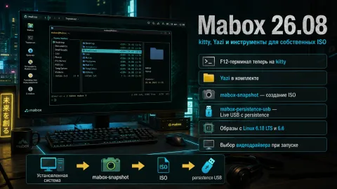 Mabox 26.08 — kitty и Yazi пришли в F12-терминал, добавлены инструменты ремастеринга ISO
