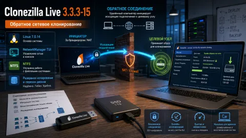 Обратное сетевое клонирование появилось в Clonezilla Live 3.3.3 — соединение может инициировать удалённый компьютер