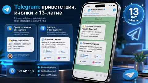 Telegram получил приветственные сообщения и кнопки внутри текста — к 13-летию вышел Bot API 10.3