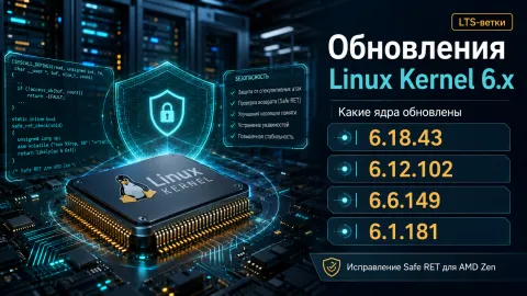 Linux Kernel 6.x получил четыре LTS-обновления — 6.18.43, 6.12.102, 6.6.149 и 6.1.181