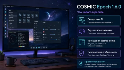 COSMIC Epoch 1.6.0 — поддержка EI, звук по приложениям и улучшения Wayland