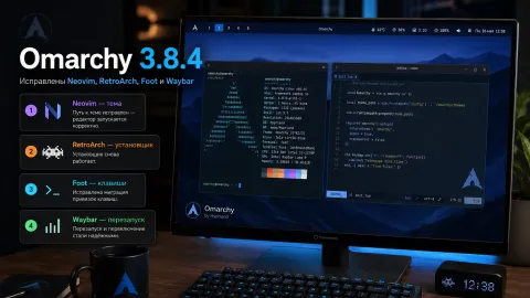 Omarchy 3.8.4 закрывает четыре ошибки — исправлены Neovim, RetroArch, Foot и Waybar