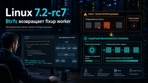 Linux 7.2-rc7 — Btrfs возвращает fixup worker после риска тихой потери данных
