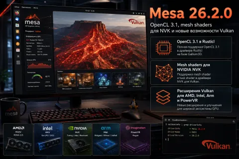 Mesa 26.2.0 расширила Linux-графику — OpenCL 3.1, mesh shaders для NVK и десятки исправлений