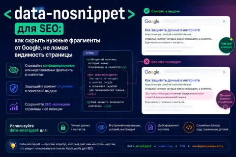 data-nosnippet для SEO: как скрыть нужные фрагменты от Google, не ломая видимость страницы