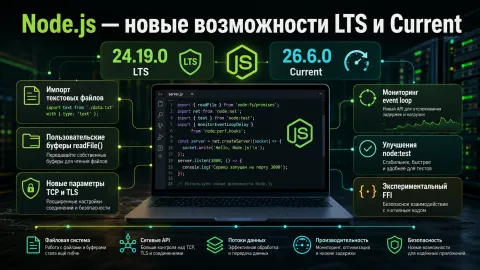 Node.js 24.19.0 LTS получил новые файловые и сетевые API — версия 26.6.0 расширила тестовый раннер