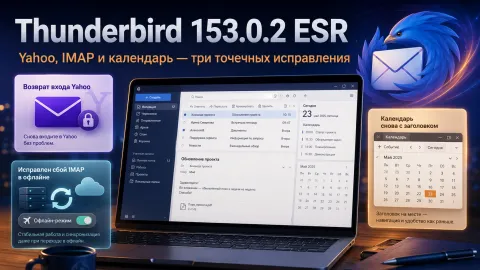 Thunderbird 153.0.2 ESR вернул прежний вход в Yahoo — исправлен сбой IMAP при переходе в офлайн