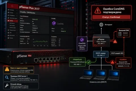 pfSense Plus 26.07 — подтверждена ошибка CoreDNS, меняющая DNS для DHCP-клиентов
