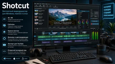 Shotcut в 2026 году — бесплатный видеоредактор для роликов, субтитров и 4K-монтажа