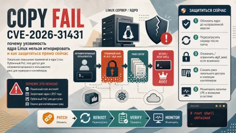 Copy Fail CVE-2026-31431: почему эту уязвимость ядра Linux нельзя игнорировать и как защититься прямо сейчас