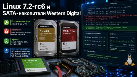 Linux 7.2-rc6 отключит LPM для проблемных SATA-дисков Western Digital