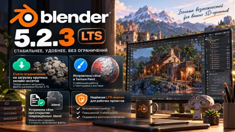 Blender 5.2.3 LTS снял ограничение загрузки крупных ассетов и исправил сбои при работе с текстурами