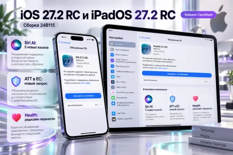 Apple подготовила iOS 27.2 RC и iPadOS 27.2 RC — новые языки Siri AI и перенос обновлённого Health