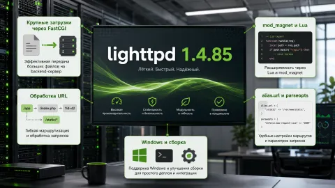 В lighttpd 1.4.85 устранены проблемы с большими загрузками через FastCGI и ответы modmagnet
