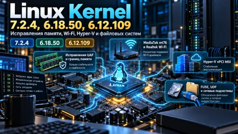 Linux Kernel 7.2.4, 6.18.50 и 6.12.109 — исправления ошибок памяти, Wi-Fi и Hyper-V